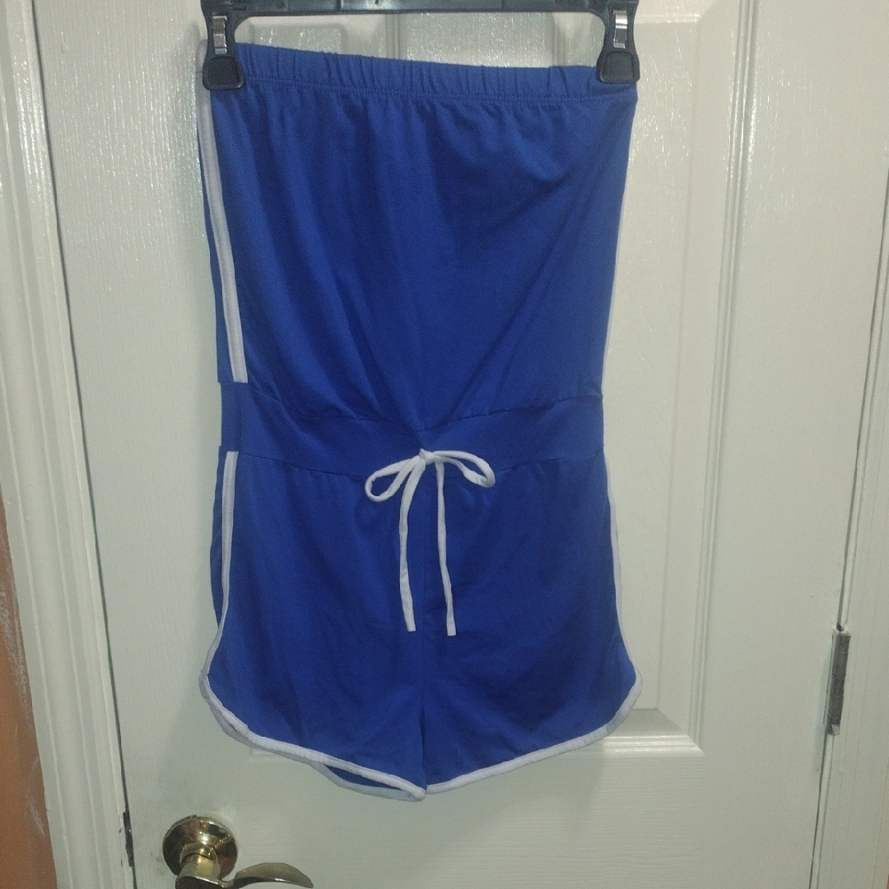 Vibrant Vintage Blue Women's  Romper with White Accents